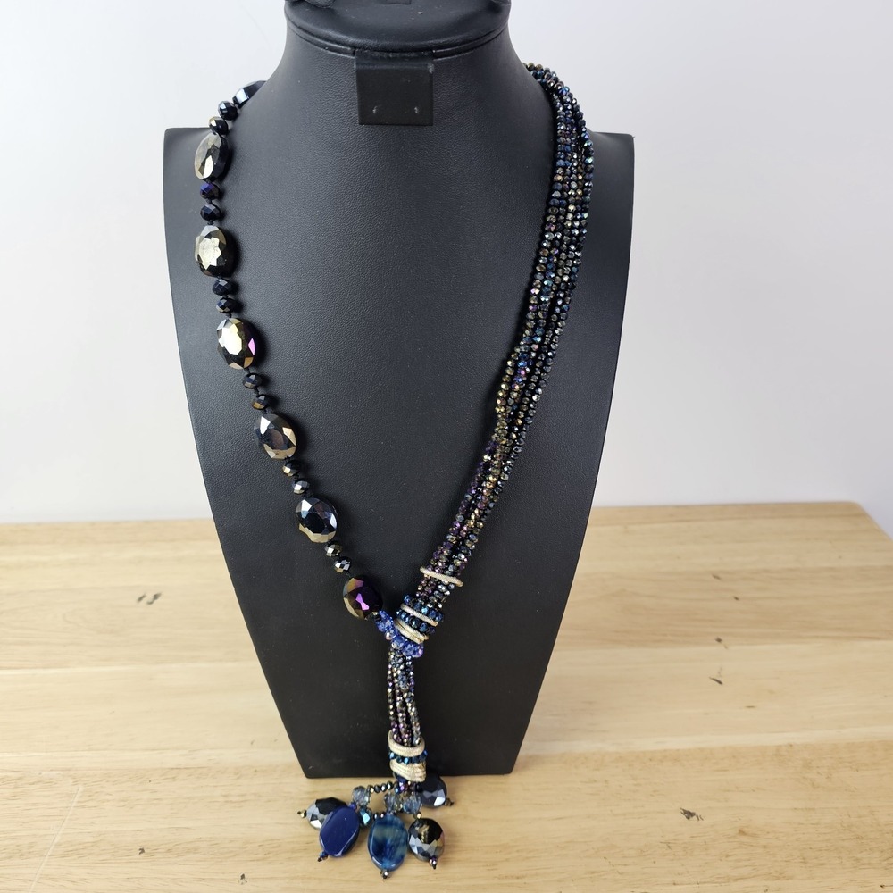 Beaded Necklace Crystal Quartz Beaded‎ Multi Strand Peackock Blue Evening Tassel